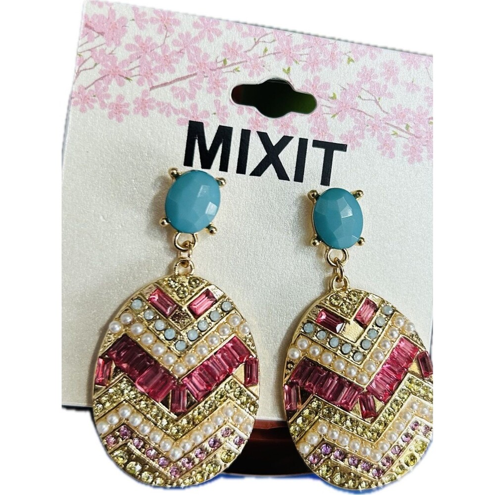Mixit Pink Turquoise & Pearl Accented GoldTone Fashion Drop Earrings 2.25"